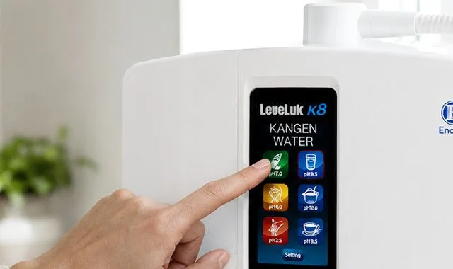 A finger selecting a water on the K8’s color touchscreen